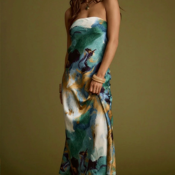 Natalia Blue and Gold Watercolor Strapless Maxi Dress (NWT) - Picture 4 of 5